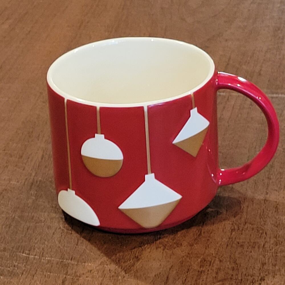 Starbucks 2012 Red Christmas Holiday Coffee Mug Gold White Ornaments